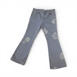 Floral Embellished Blue Wide Leg girls Jeans mid-rise flare